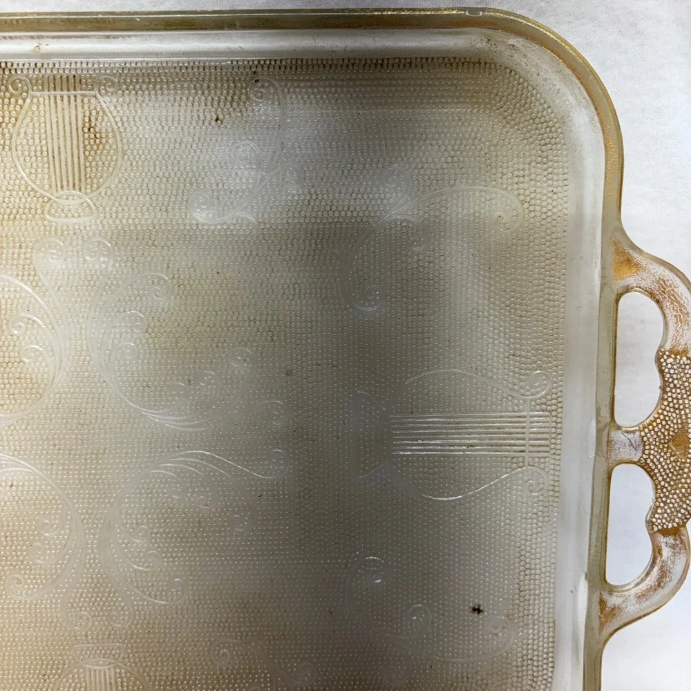 Vintage Harp Etched Glass Serving Tray with Handles‎ Ornate Floral Design